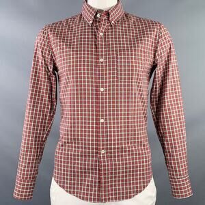 L Red White Plaid Cotton Button Down Collar One Pocket Long Sleeve Shirt